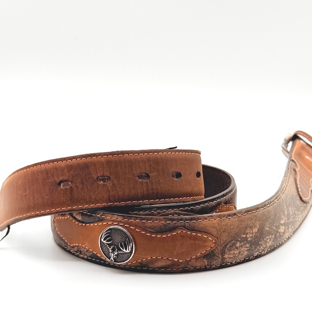 Nocona Belt Co Leather Belt Mens 44 Brown Camo Deer Skull Western Hunting Rustic